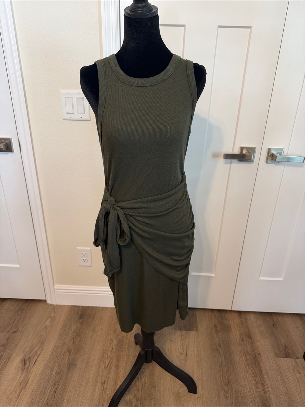 Kaileigh Olive Green Sleeveless Midi Dress with Side Tie
